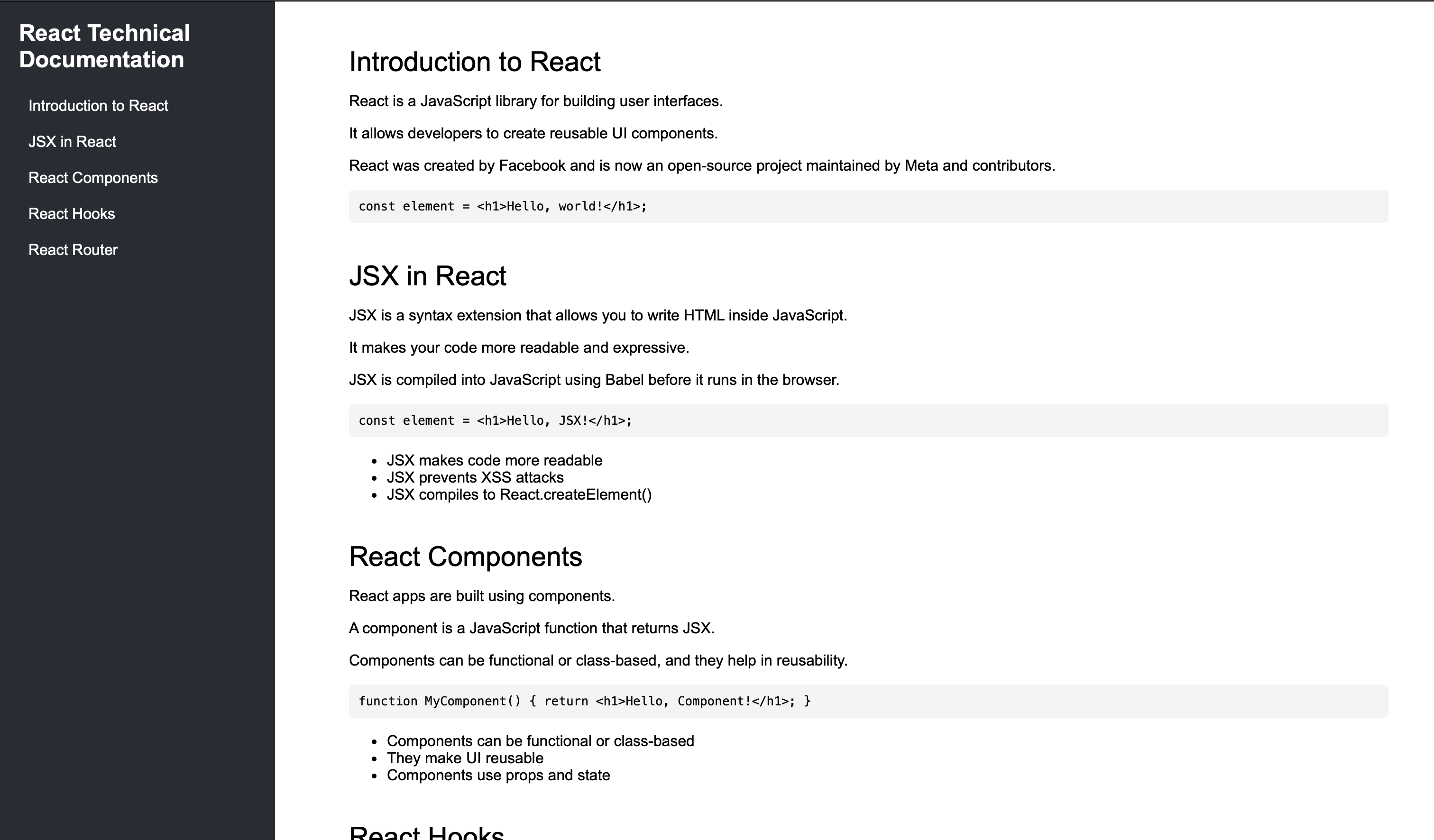 Technical Documentation Page screenshot